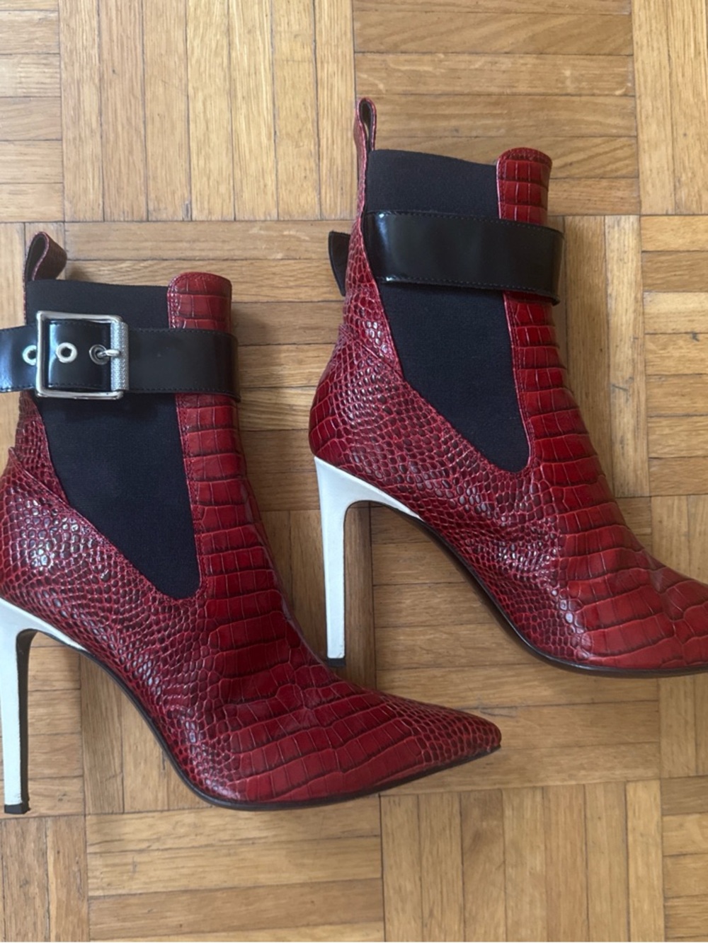rag & bone Red Croc-Embossed Pointed Toe Stiletto Ankle Boots